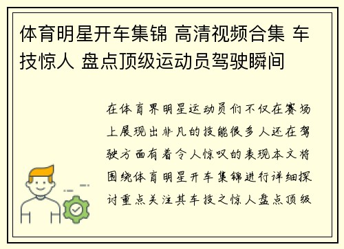 体育明星开车集锦 高清视频合集 车技惊人 盘点顶级运动员驾驶瞬间